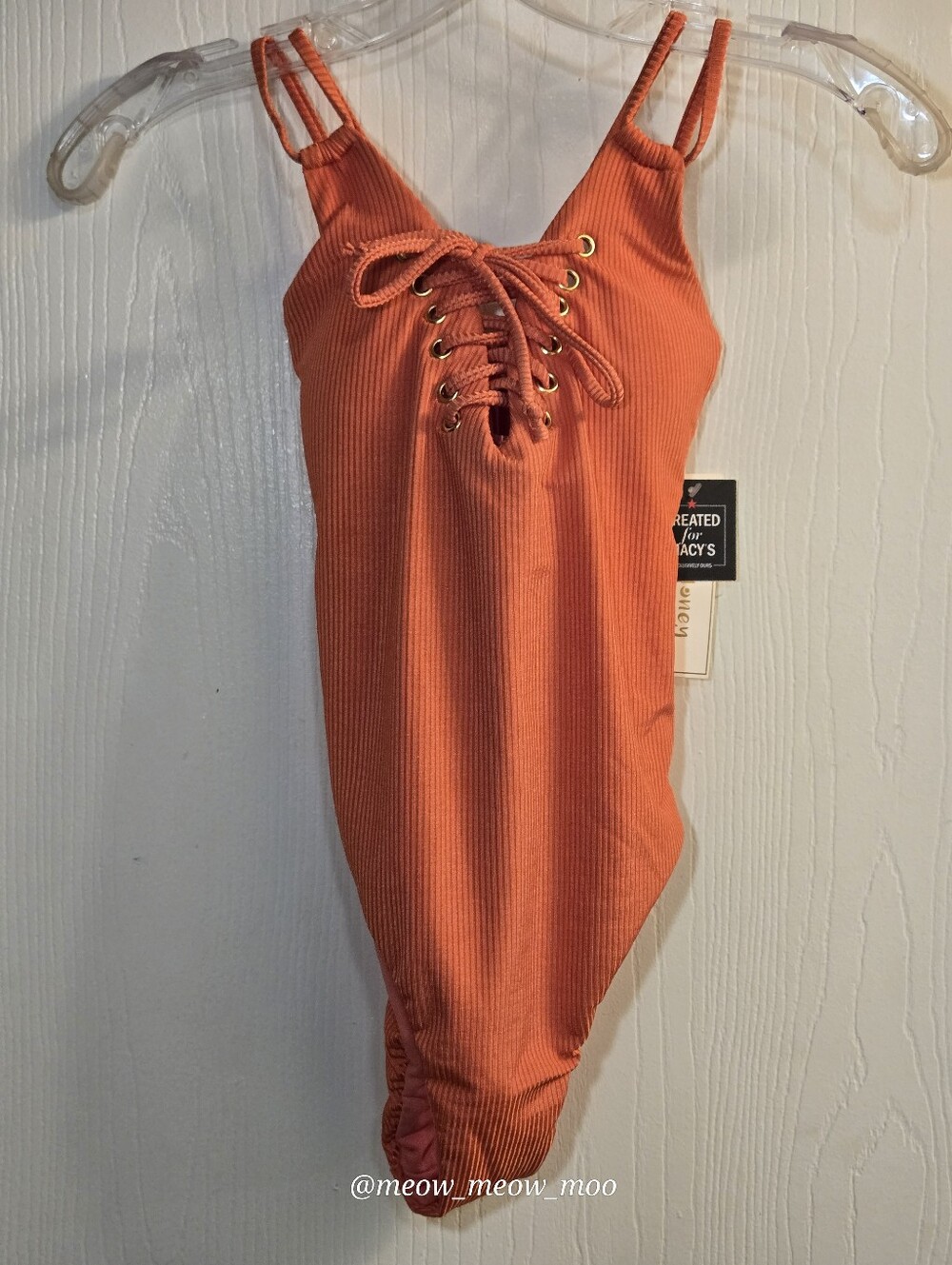 Hula Honey Coral / Burnt Orange Ribbed Lace Up One Piece Swimsuit XS NWT